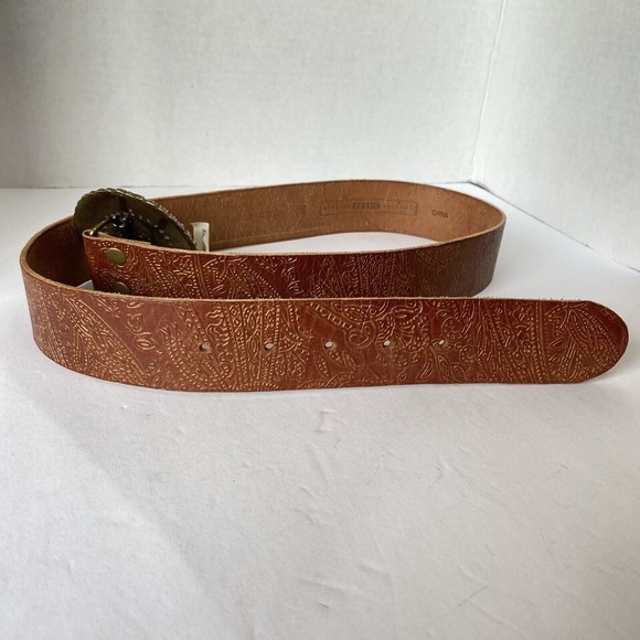 Fossil Womens Brown Gold Leather Tooled Belt Brass Floral Medallion Buckle sz M - Picture 7 of 12